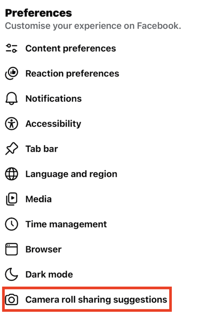 Facebook app "Camera roll sharing suggestions" 