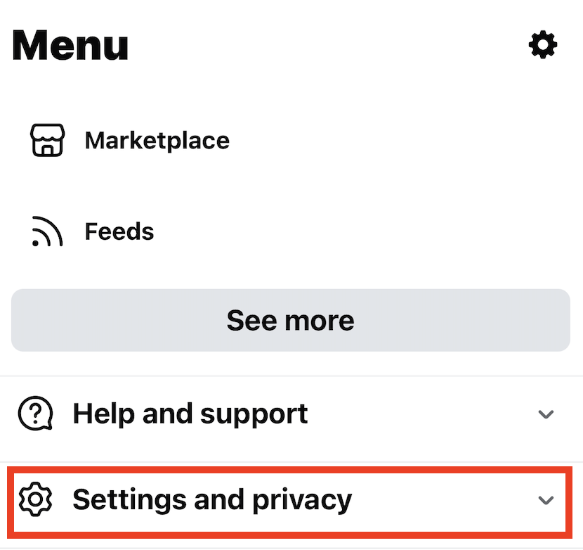Facebook app "Settings and privacy" 