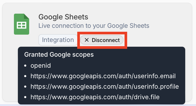Julius AI Google Sheets connector "Disconnect" button