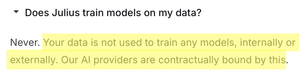"Does Julius train models on my data?" questions and answer