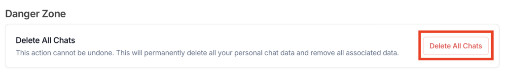 Julius AI "Delete All Chats' button next to 'Delete All Chats' ("Danger Zone")