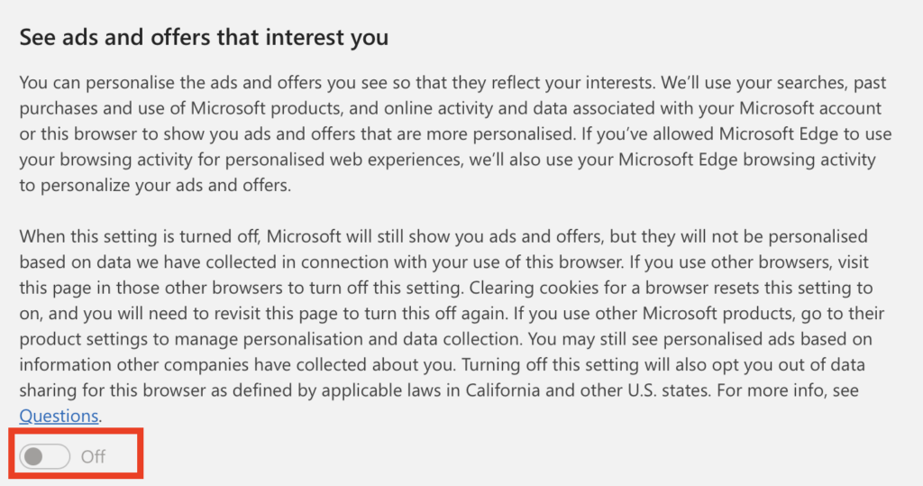 Microsoft 'See ads and offers that interest you' toggle