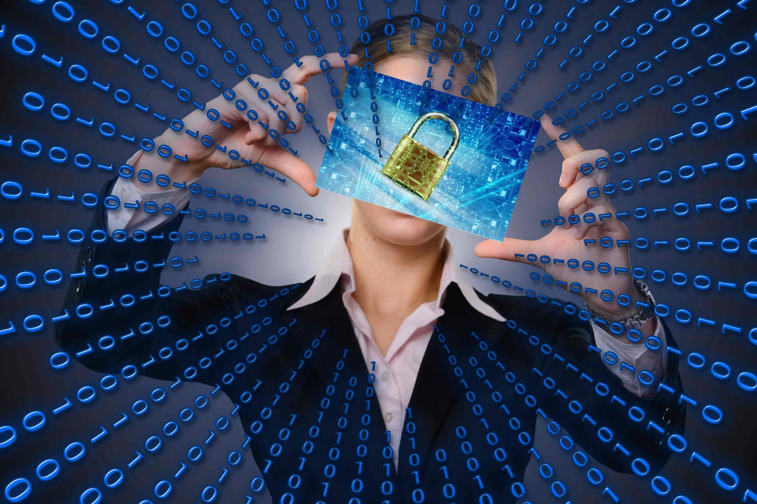 Woman holding image of lock over her face, symbolizing identity protection