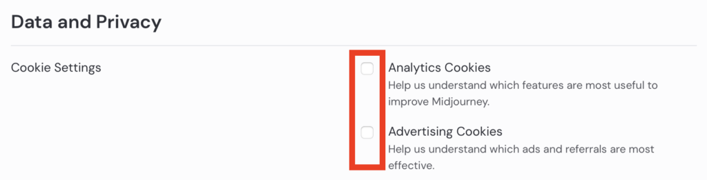 Midjourney data and privacy cookie settings 
