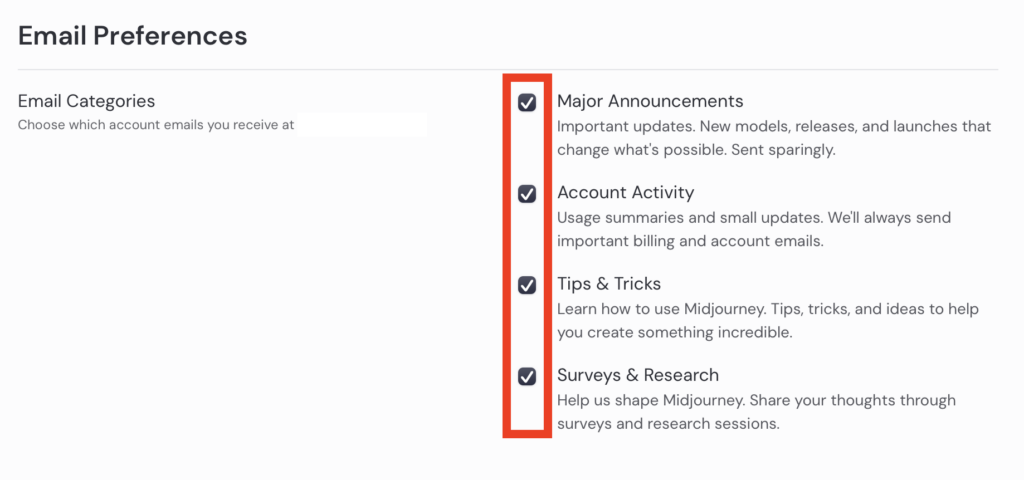 Midjourney email preferences 
